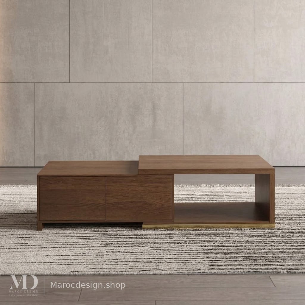 Table basse LINEA noyer rétractable, vue épurée sur fond béton – Maroc Design