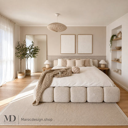 Lit bouclette écru à modules arrondis vu de face, tête de lit basse capitonnée – Maroc Design