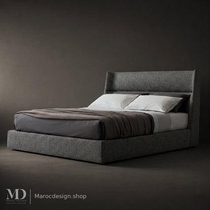 Lit double MOAR en tissu texturé gris anthracite, tête de lit galbée avec coussin lombaire – Maroc Design