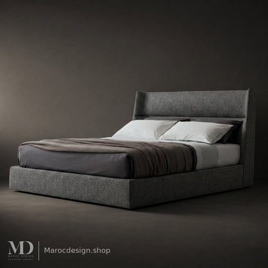Lit double MOAR en tissu texturé gris anthracite, tête de lit galbée avec coussin lombaire – Maroc Design