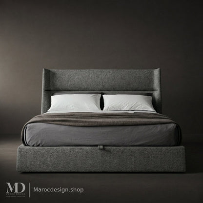 Lit MOAR gris anthracite vu de face, tête de lit enveloppante et base rembourrée – Maroc Design Casablanca