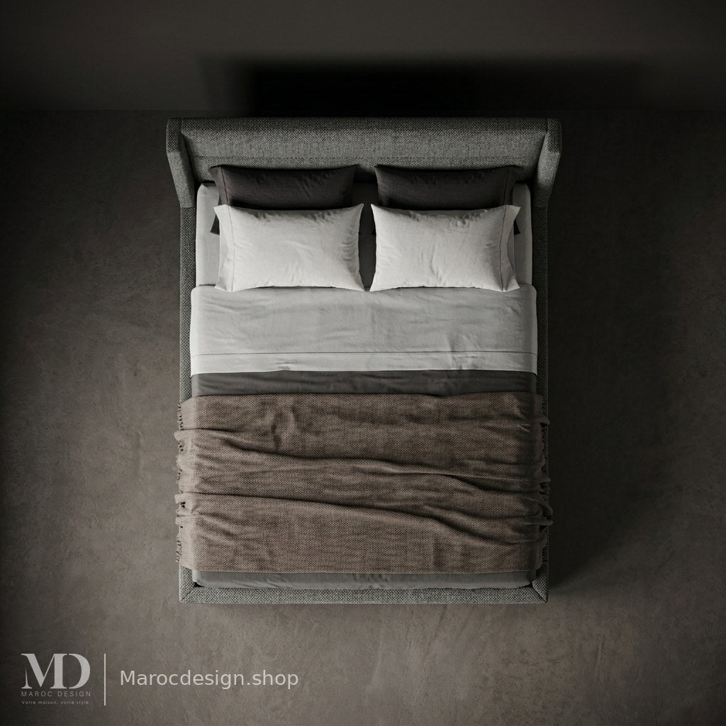 Vue de dessus du lit MOAR en tissu gris à tête galbée – Maroc Design