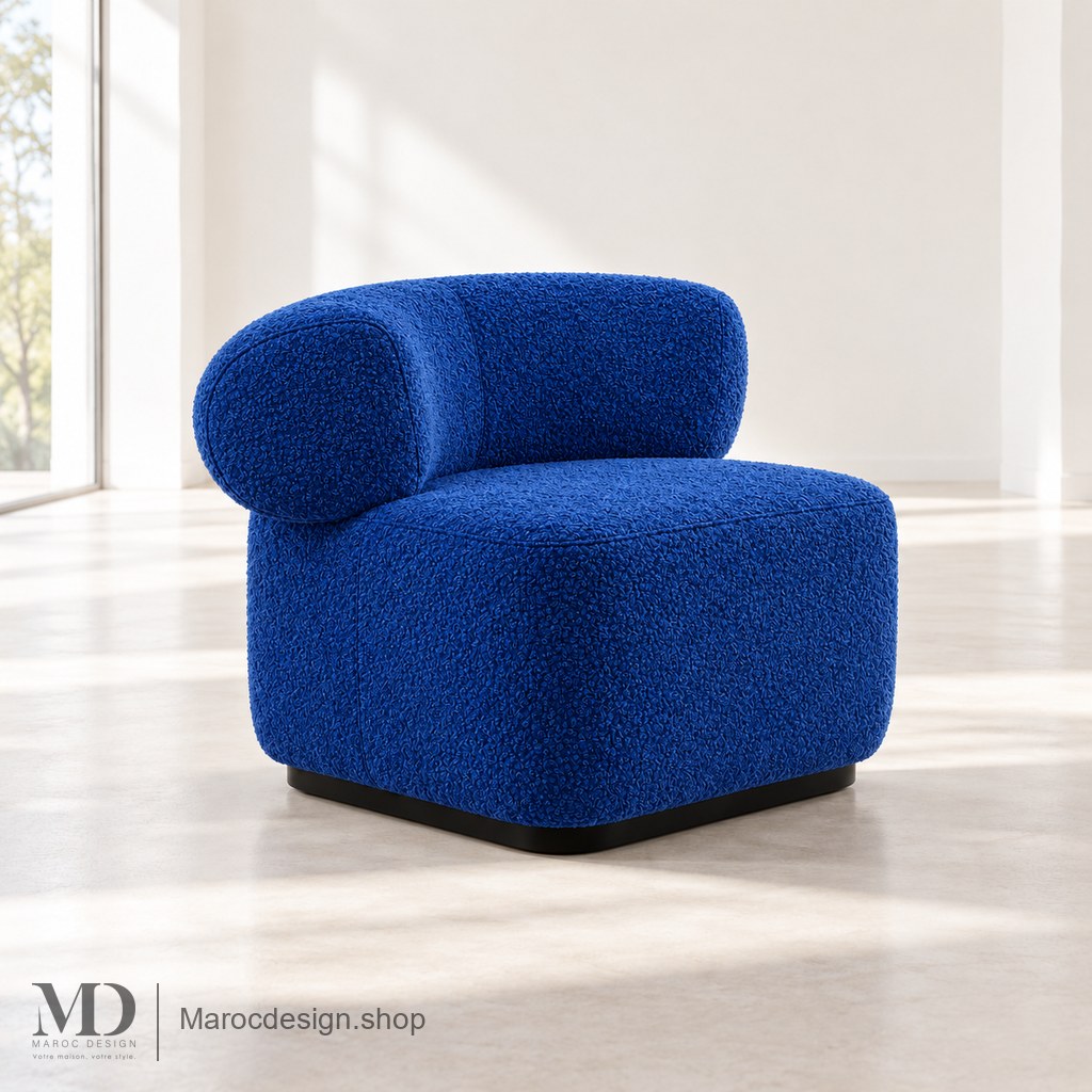Chaise Longue LUNA — Dossier Arrondi, Velours ou Bouclette | Maroc Design Bouclette / Bleu — Maroc Design