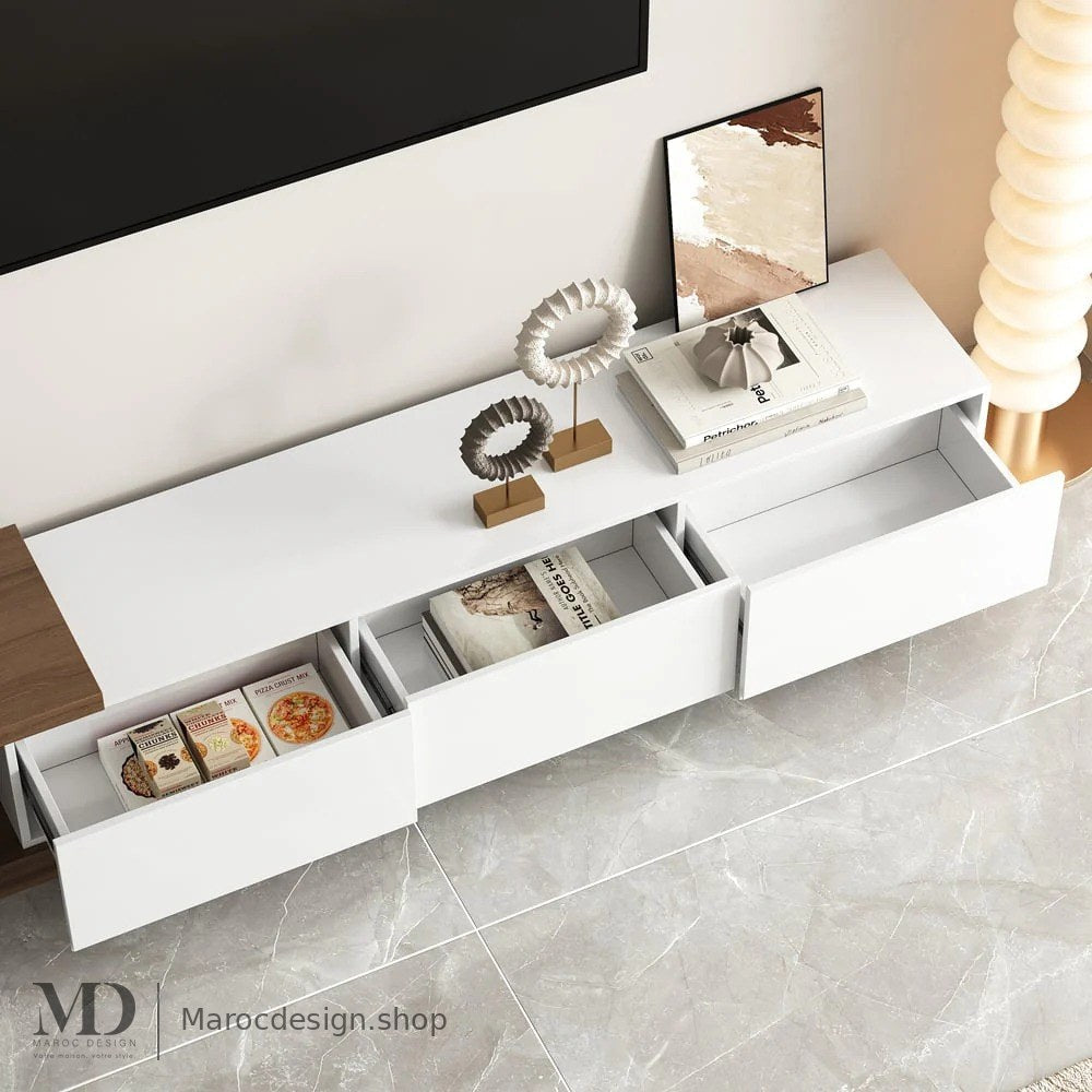 Meuble TV NOVA blanc, 3 tiroirs de rangement – Maroc Design