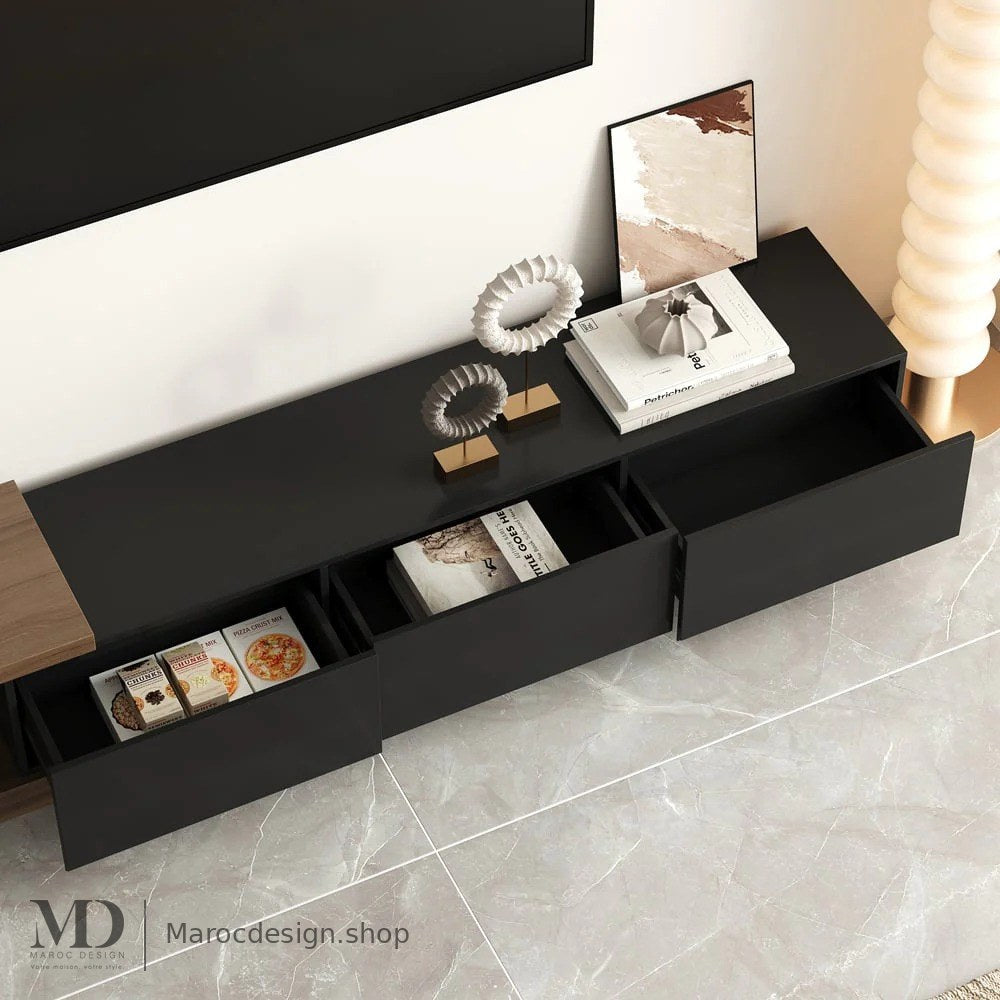Meuble TV NOVA noir, 3 tiroirs de rangement – Maroc Design