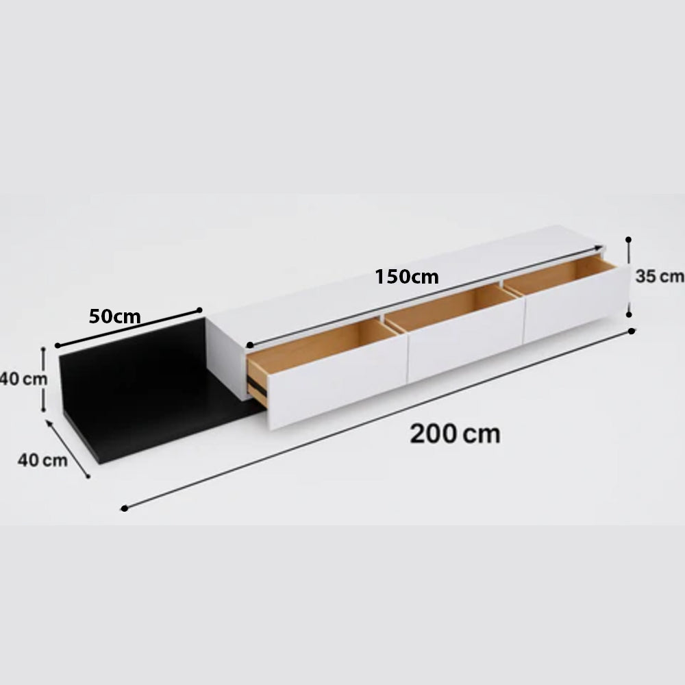 Plan des dimensions du meuble TV KAYLA – meuble 150 cm + module gigogne 50 cm (200 cm), hauteur 40 cm, profondeur 40 cm, Maroc Design