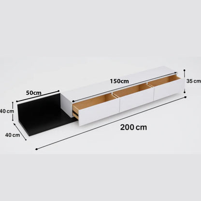 Plan des dimensions du meuble TV KAYLA – meuble 150 cm + module gigogne 50 cm (200 cm), hauteur 40 cm, profondeur 40 cm, Maroc Design