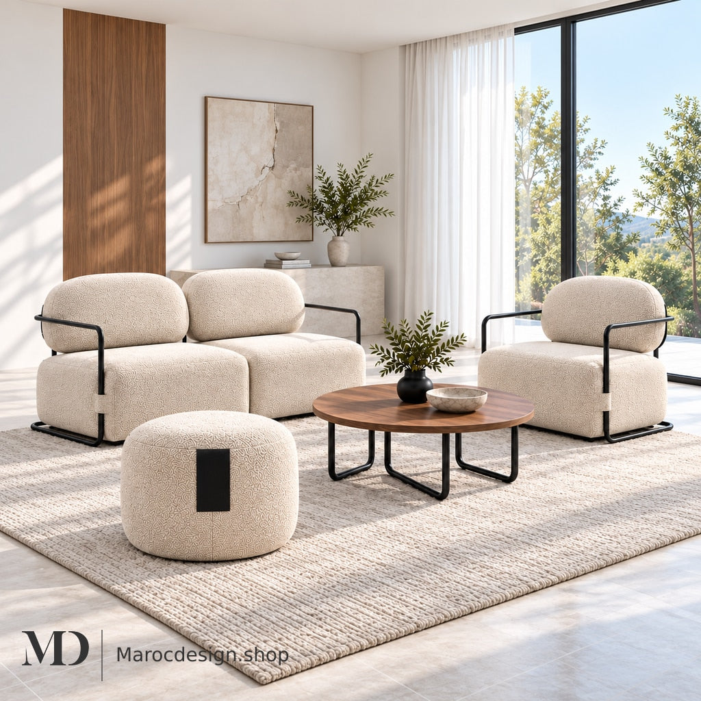 Pack Promo KANO PRO — Canapé 2P, Fauteuil, Pouf, Table Basse et Tapis — mise en scène lumineuse, Maroc Design