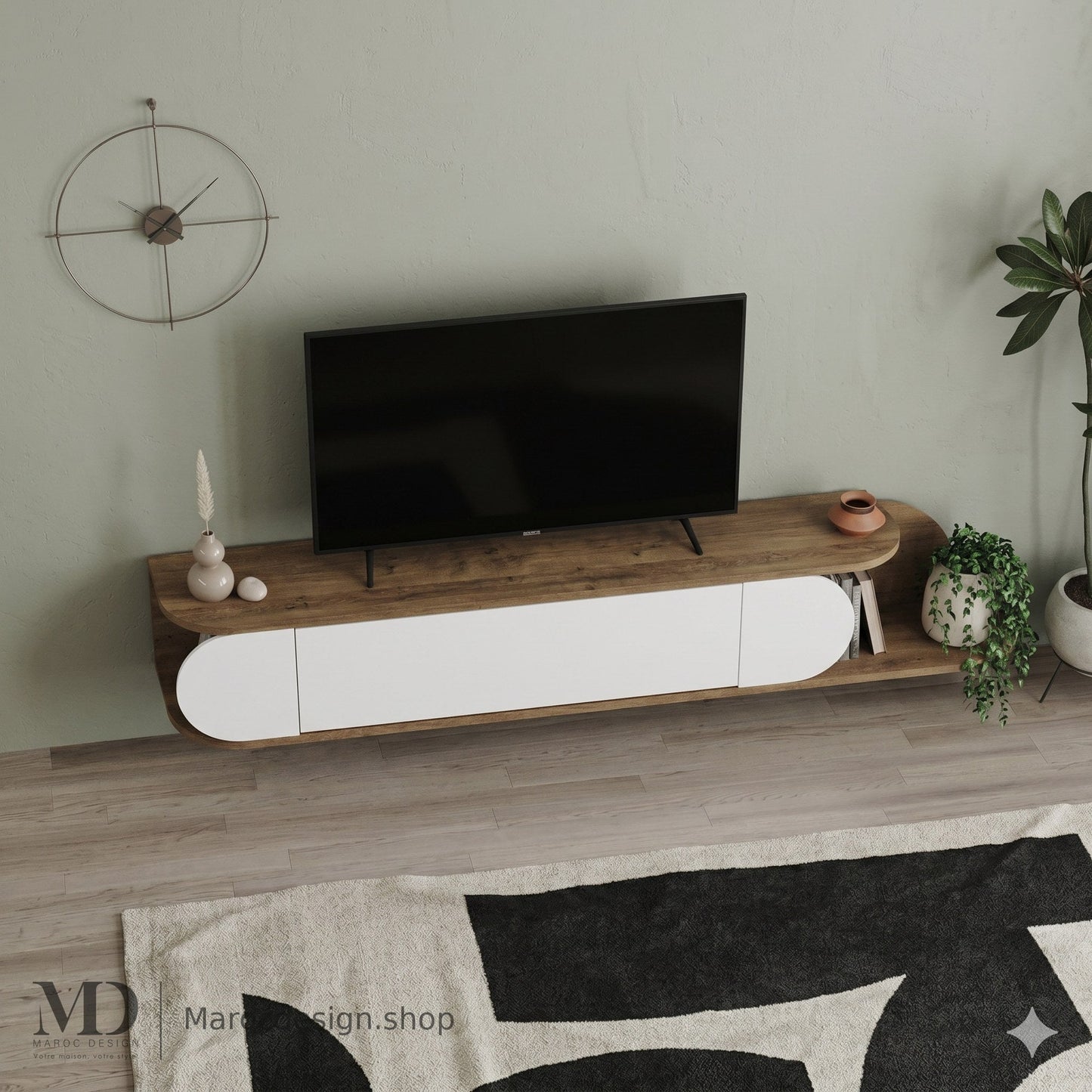 Meuble TV SPARK mural suspendu bois et blanc – salon, Maroc Design Casablanca