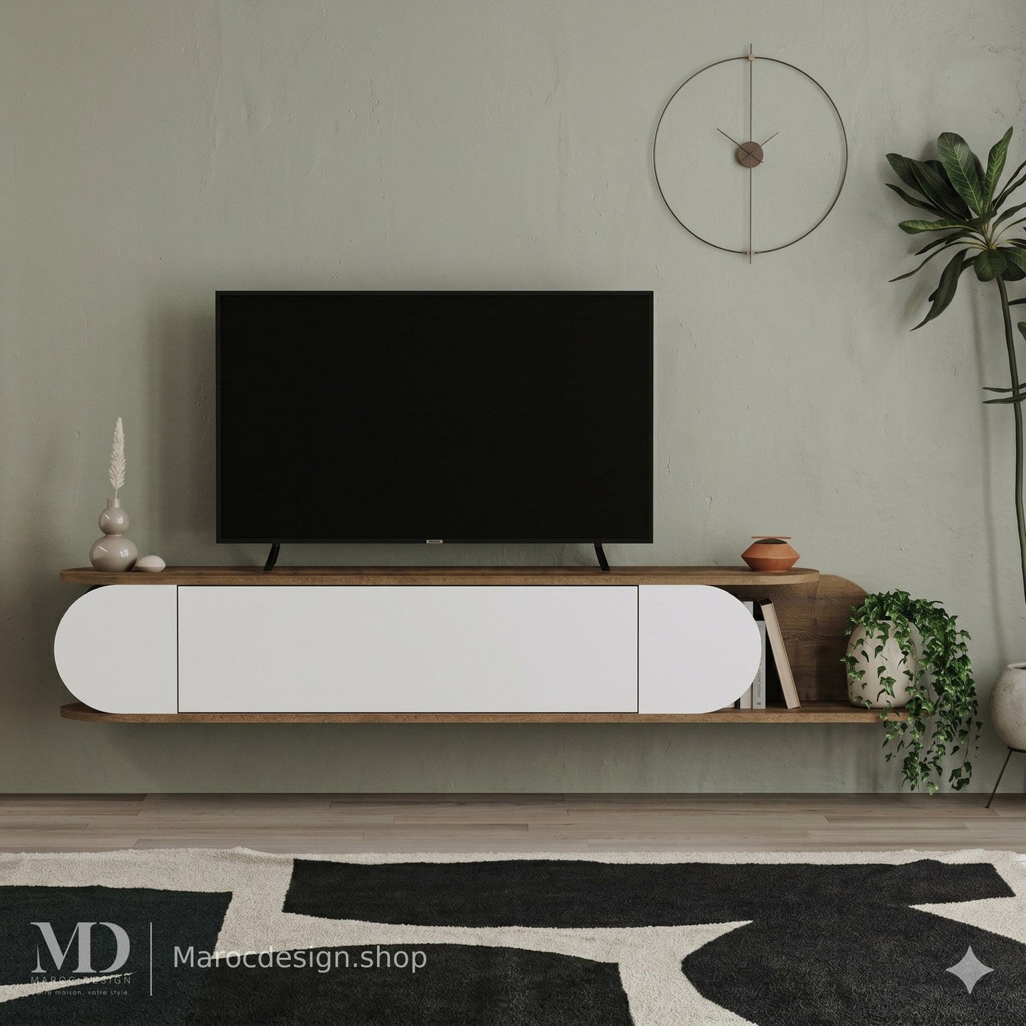 Meuble TV SPARK mural suspendu, façades blanches arrondies – Maroc Design