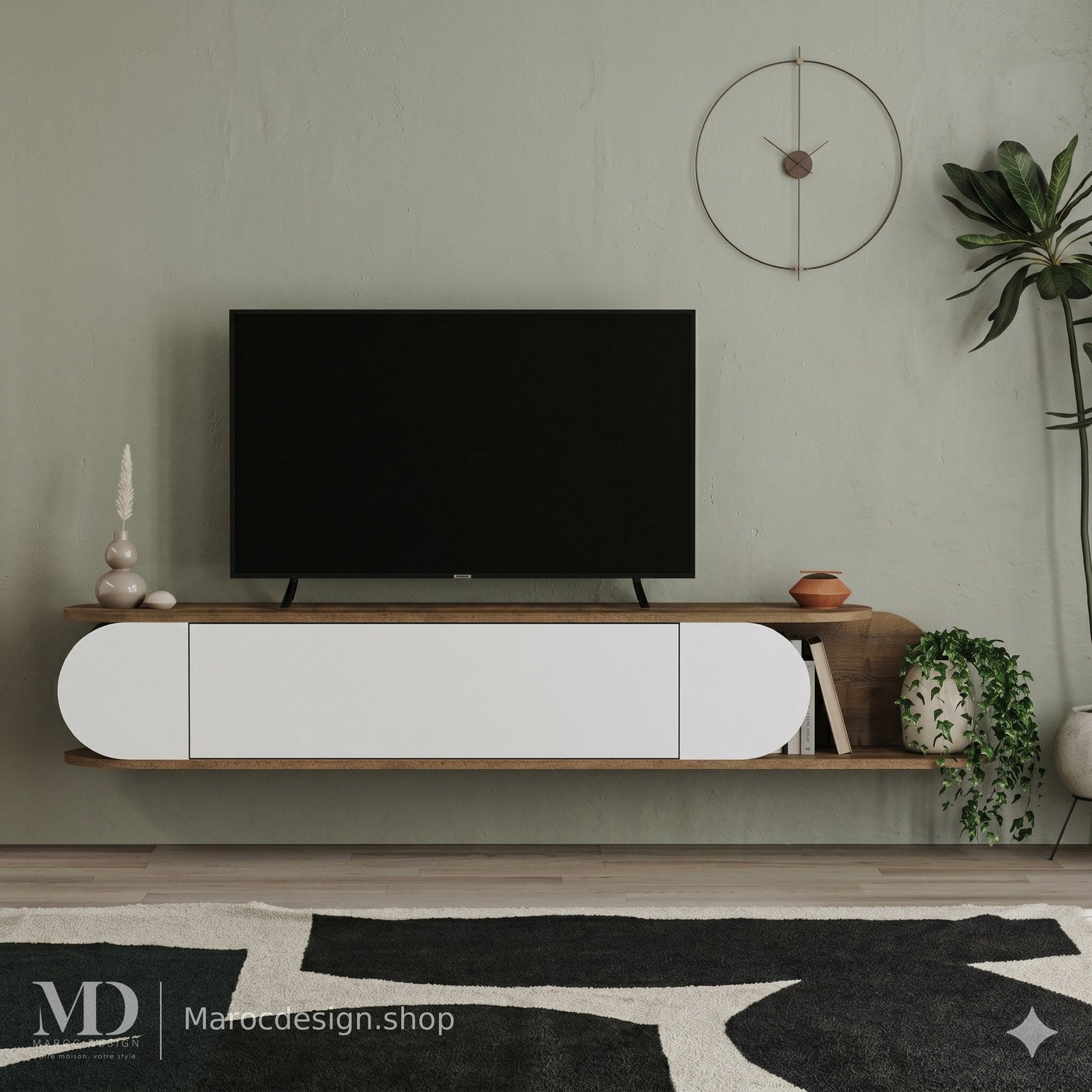Meuble TV SPARK mural suspendu, façades blanches arrondies – Maroc Design