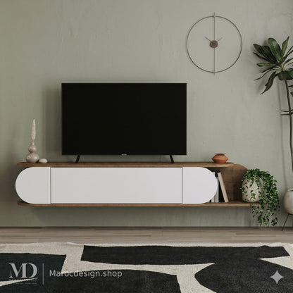Meuble TV SPARK mural suspendu, façades blanches arrondies – Maroc Design
