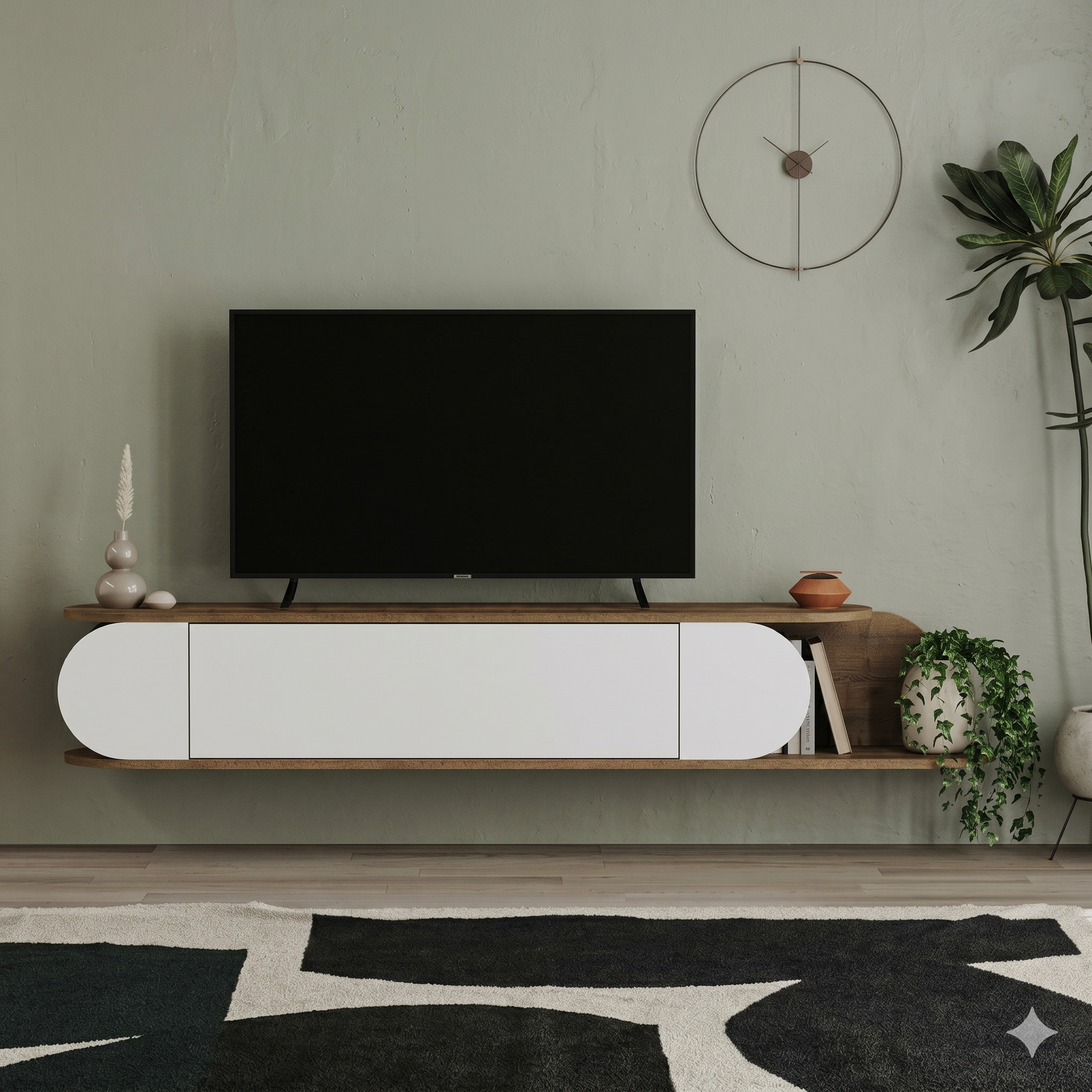 Meuble TV SPARK mural suspendu, façades blanches arrondies – Maroc Design