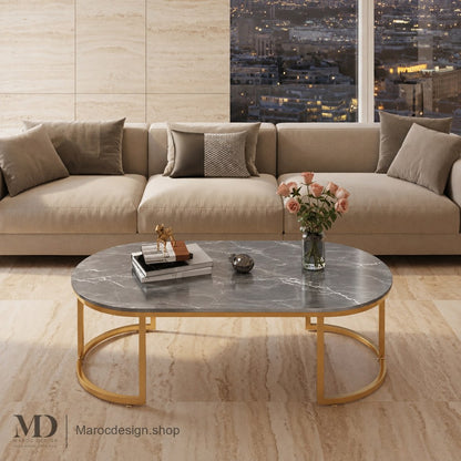 Table Basse Ronde SUNY — MDF Effet Marbre & Pieds Métal | Maroc Design Gris — Maroc Design