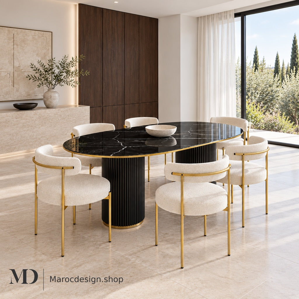 ALBER — table à manger 6 places noir effet marbre, chaises crème, intérieur lumineux — Maroc Design