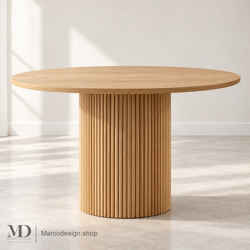 Table ronde ALMA à plateau et socle en bois clair en intérieur lumineux — Maroc Design