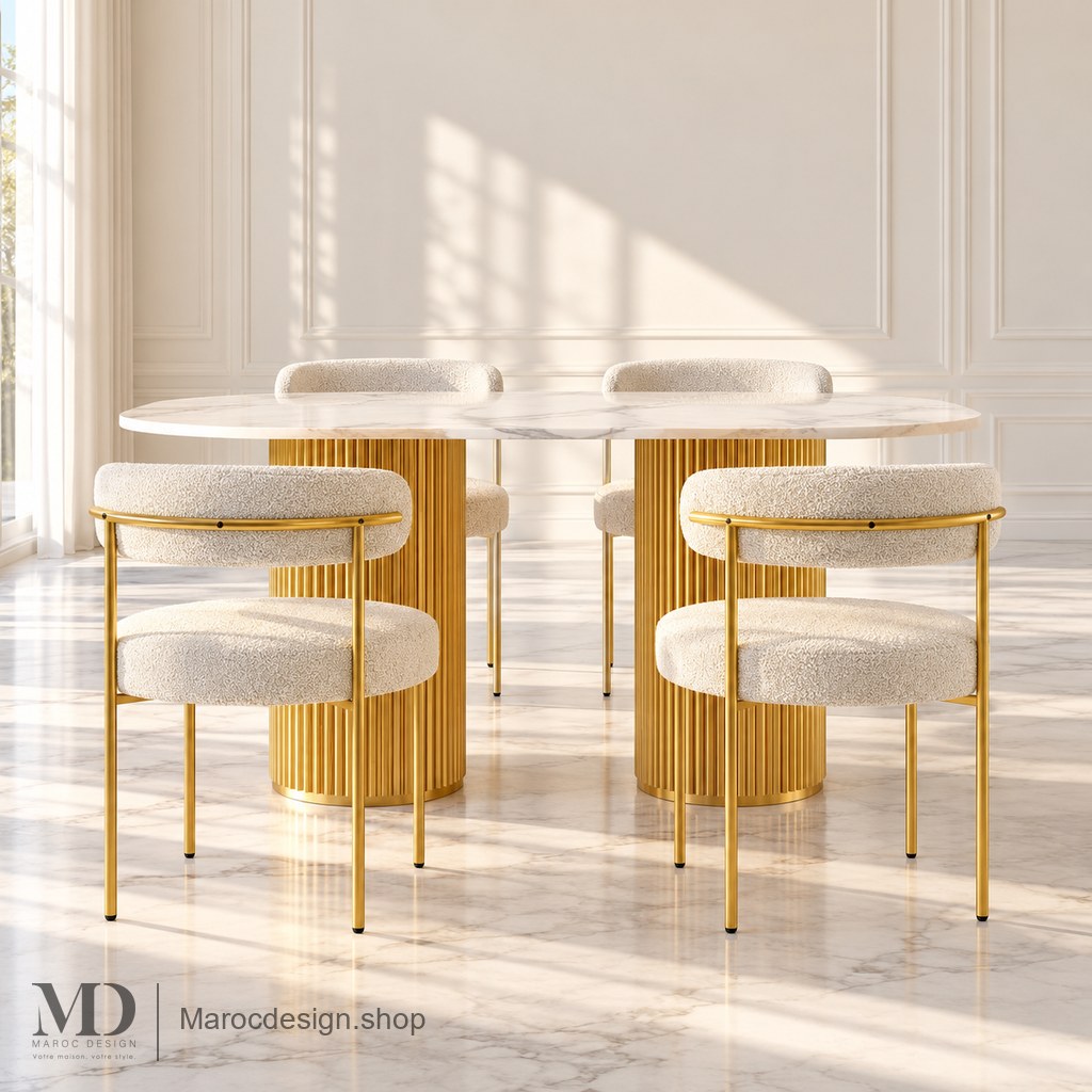 Table VOGUE blanche à socles dorés avec quatre chaises claires en intérieur lumineux — Maroc Design