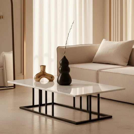 Table basse VISTA MDF effet marbre pieds métal satiné — Maroc Design