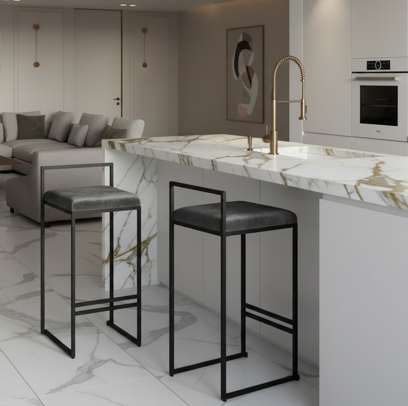 Tabouret de bar GIRONA en velours et métal noir — Maroc Design