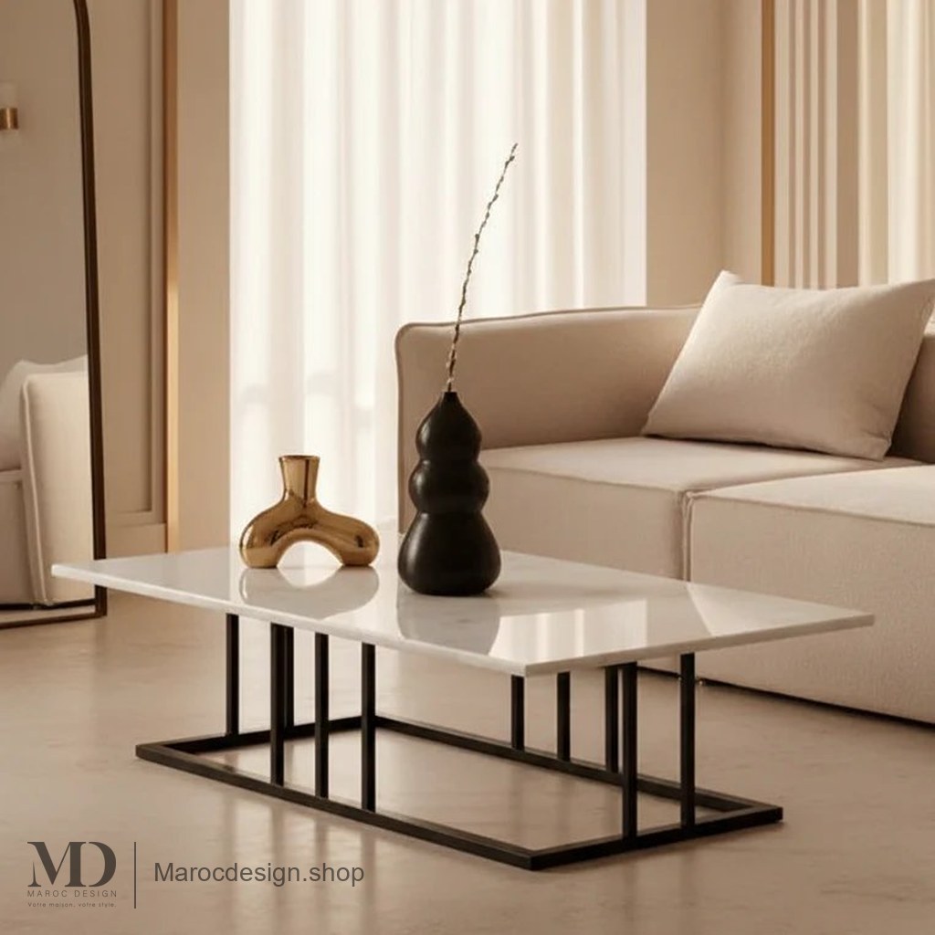 Table Basse VISTA — MDF Effet Marbre & Pieds Métal Satiné | Maroc Design Blanc — Maroc Design