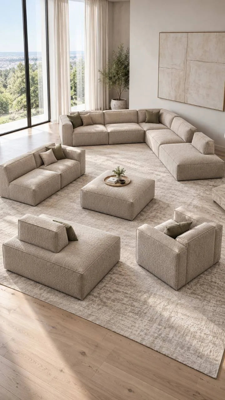 Collection BOXTER beige : canapé modulable, méridiennes, fauteuil et pouf — Maroc Design